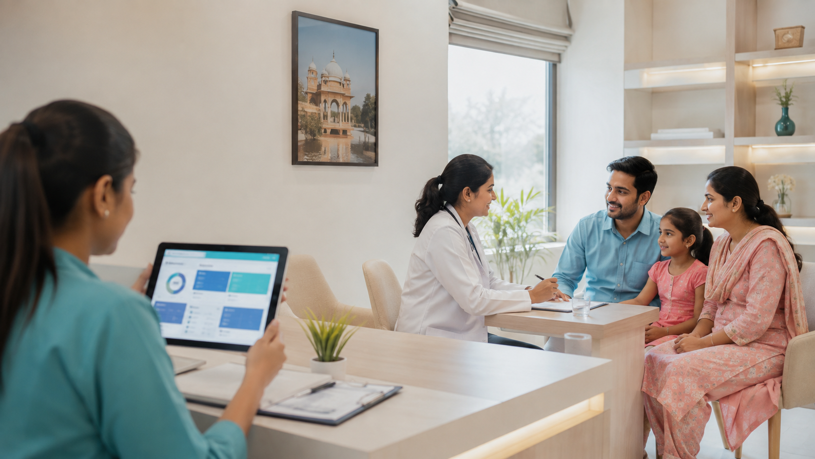 Doctor consulting an Indian family in a connected SvasthHub clinic