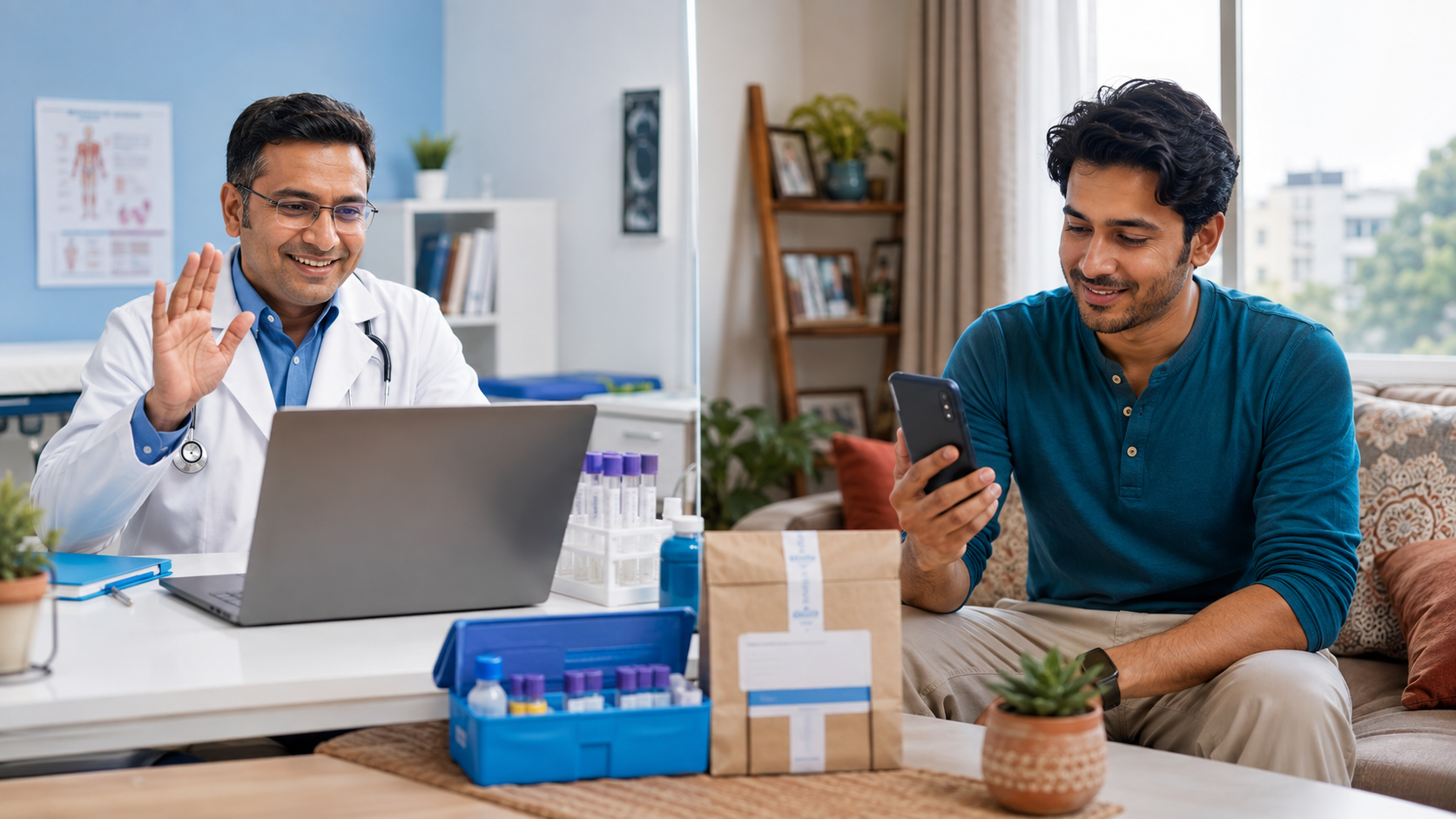 Indian doctor and patient using SvasthHub telemedicine and connected delivery