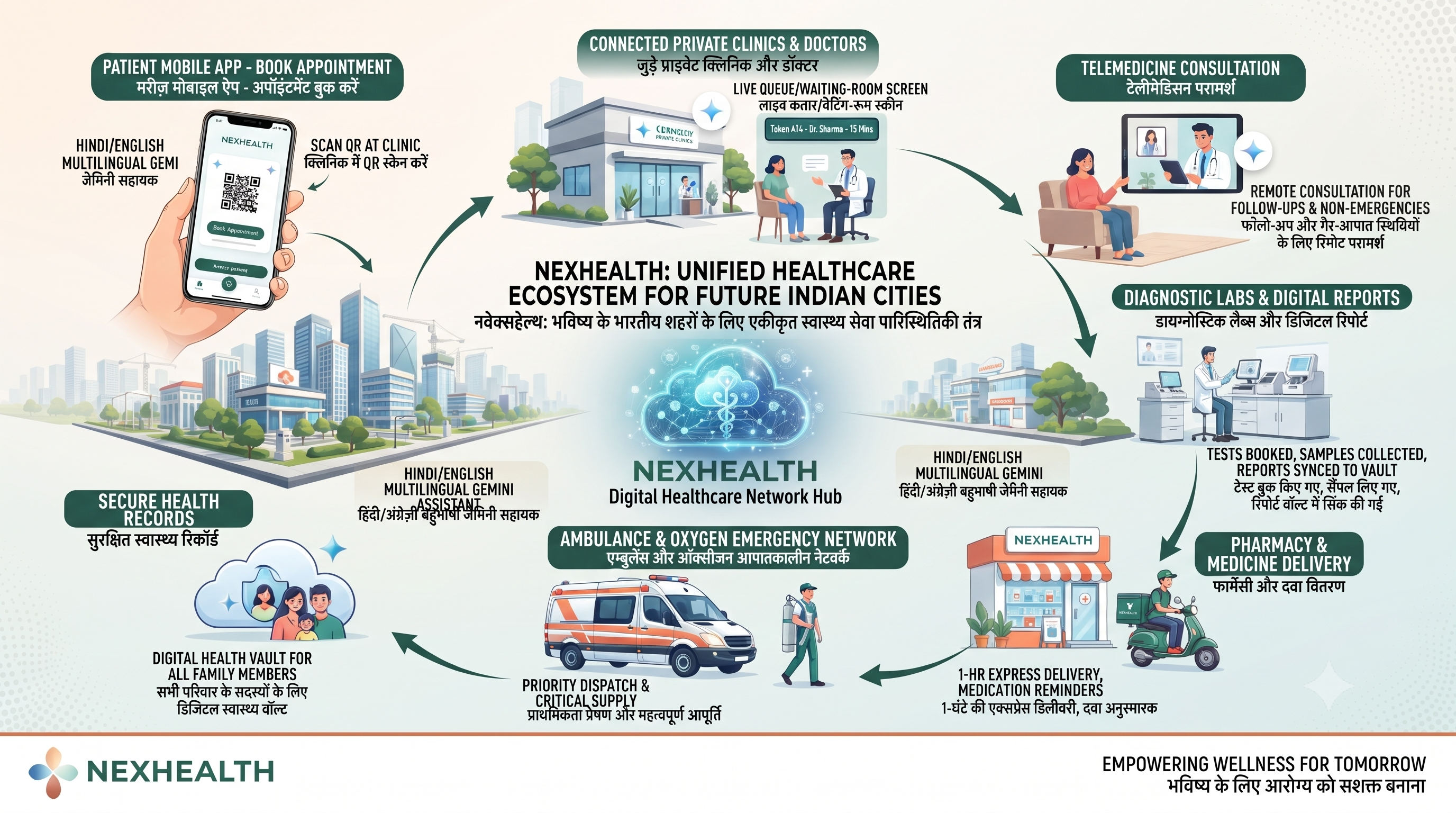 Visual map of the SvasthHub healthcare ecosystem connecting patients, clinics, telemedicine, labs, pharmacy, emergency support and secure records
