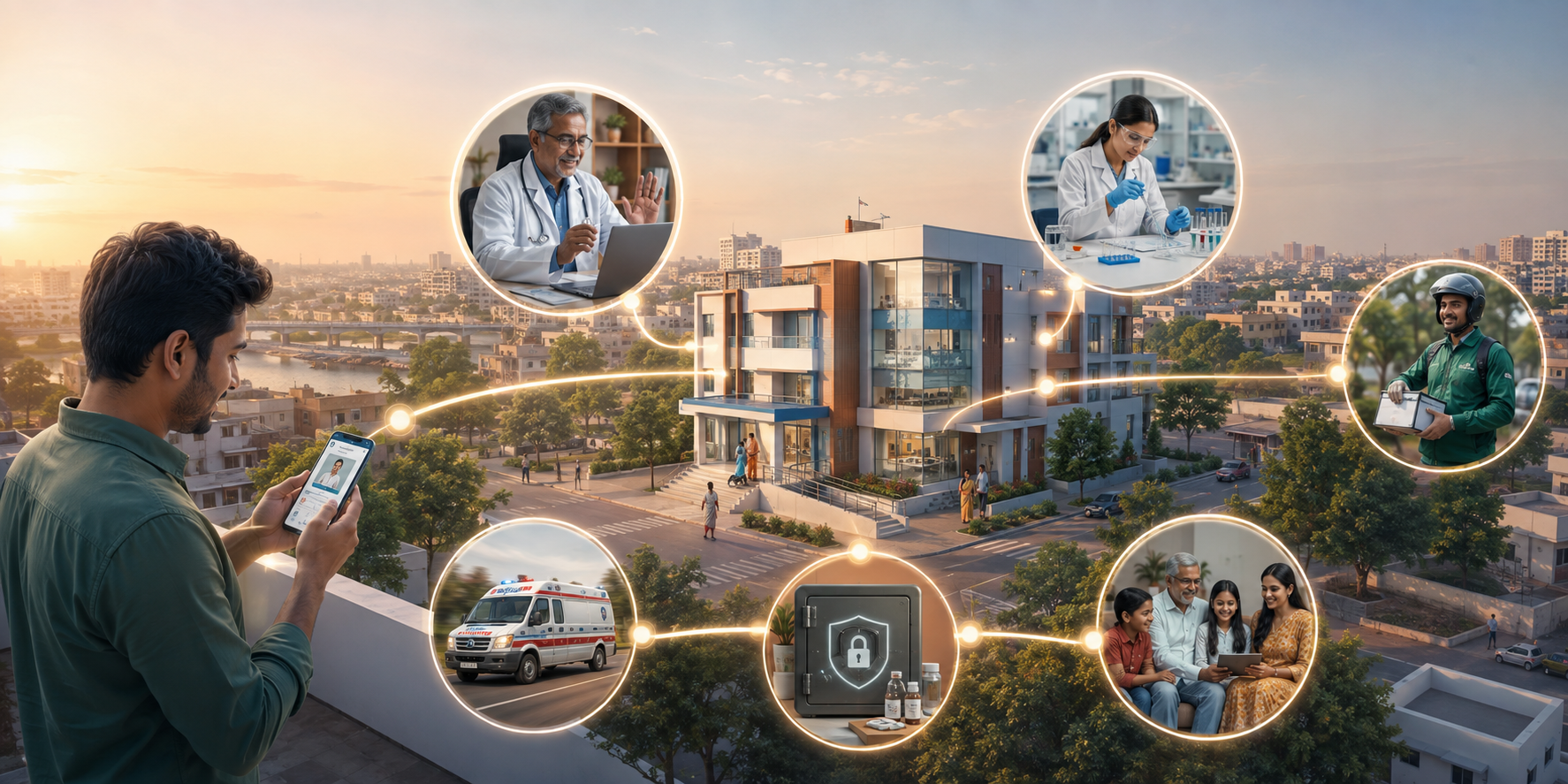 Future Indian city with a connected clinic, patient app, telemedicine, diagnostic lab, pharmacy delivery, ambulance and secure family care