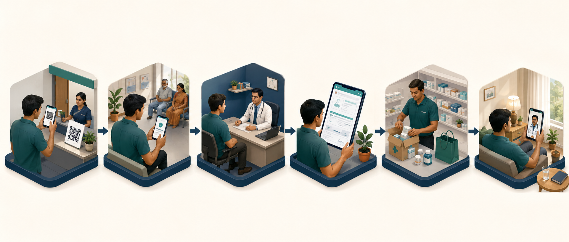 Six-stage patient journey from clinic QR scan to appointment, consultation, digital records, medicine fulfilment and follow-up